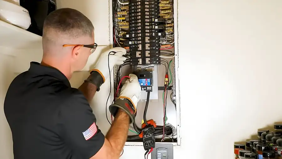 Electrician in safety glasses testing a panel's breakers with a clamp meter